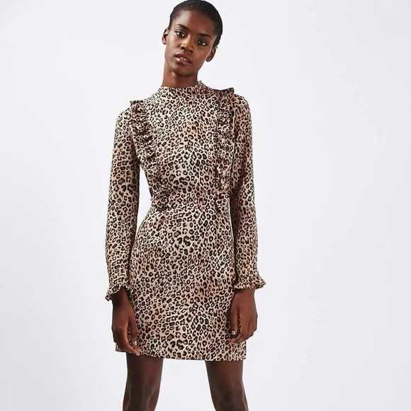 TOPSHOP Leopard Print Ruffle Mini Dress, Size 4 - Picture 1 of 8